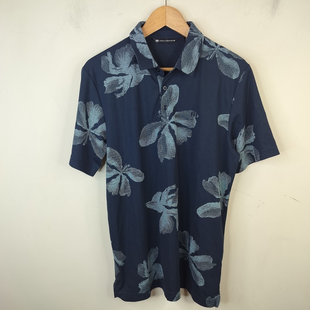 Travis Mathew Polo Shirt Medium Mens Floral Golf Athleisure Navy Blue
